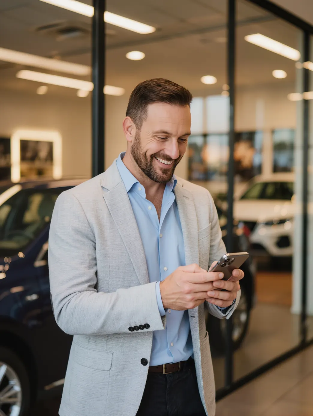 Dealership owner smiling at his phone on the showroom floor